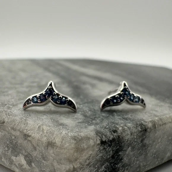 Genuine 925 Sterling Silver Whale / Mermaid Tail Earrings - Picture 6 of 8